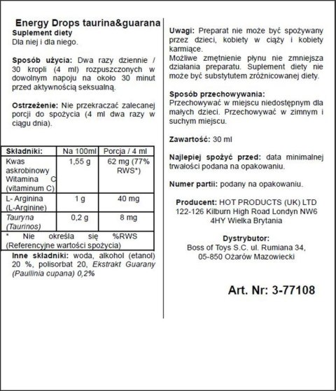 Krople Energy Drops z tauryną i guaraną Hot 30ml