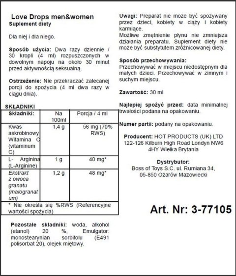 Krople miętowe Love Drops dla par Hot 30ml