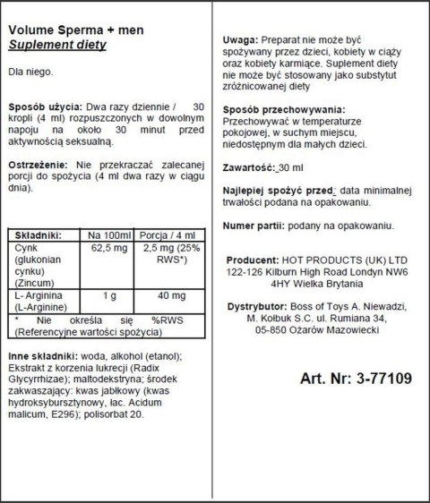 Krople zwiększające objętość spermy Hot 30 ml