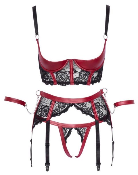 Komplet Shelf Bra z pasem Cottelli BONDAGE czarno czerwony M