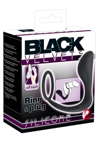 Pierścień erekcyjny z korkiem analnym Black Velvets czarny 10 cm