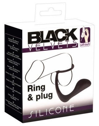 Pierścień erekcyjny z korkiem analnym Black Velvets czarny 10 cm
