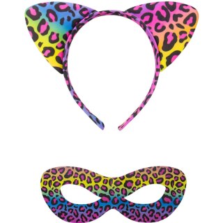 Tęczowy zestaw panterkowy Kinky Pleasure z opaską i maską