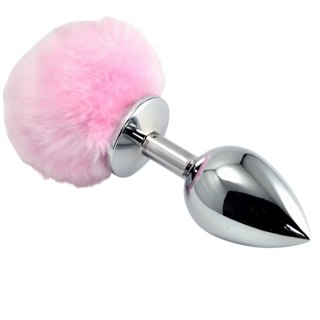 Duży srebrny korek analny z różowym pomponem 8 cm Lovetoy