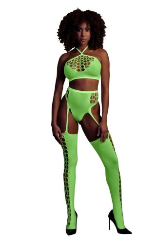 Komplet bielizny Ouch! neonowy zielony crop top pończochy XS/XL