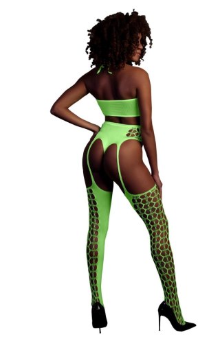 Komplet bielizny Ouch! neonowy zielony crop top pończochy XS/XL
