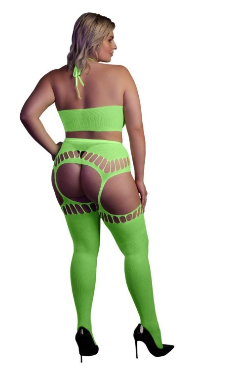 Neonowy komplet Ouch! UV crop top i pończochy XL XXXXL