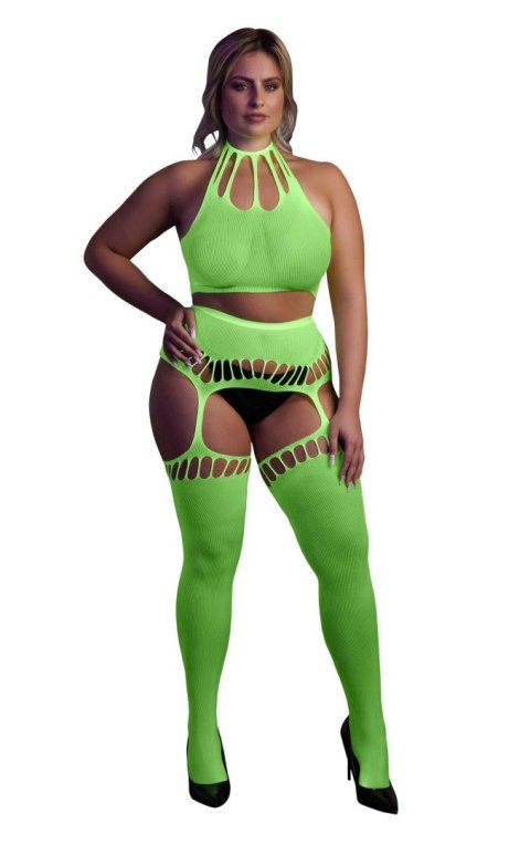 Neonowy komplet Ouch! UV crop top i pończochy XL XXXXL