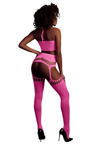 Komplet bielizny Ouch neonowy różowy z topem i pończochami XS/XL