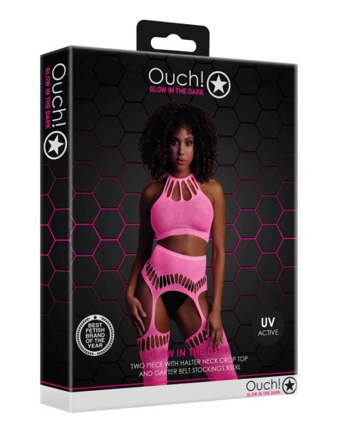 Komplet bielizny Ouch neonowy różowy z topem i pończochami XS/XL