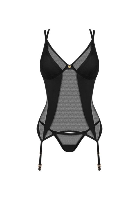 Czarny siateczkowy gorset z stringami i pasami Obsessive M/L