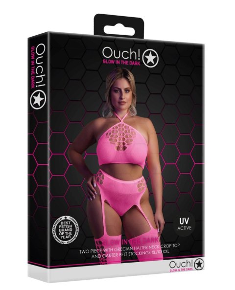 Komplet bielizny neonowej Ouch! z topem i pończochami XL XXXXL