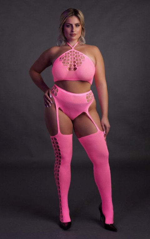 Komplet bielizny neonowej Ouch! z topem i pończochami XL XXXXL