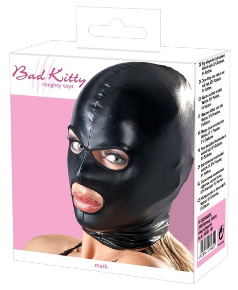 Maska BDSM wet look Bad Kitty czarna z otwartymi oczami i ustami